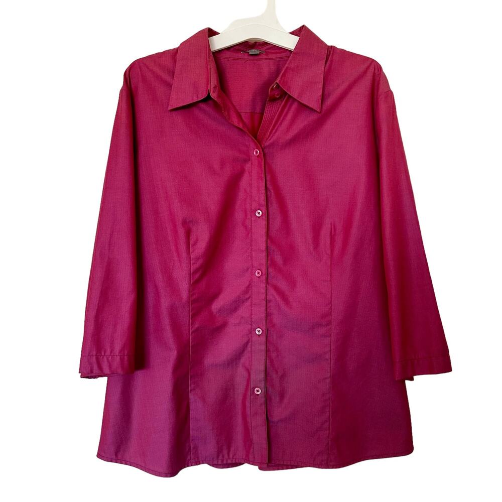 Vintage Ann Taylor 3/4 Sleeve 100% Cotton Button Front Top Fuchsia Pink Size XL